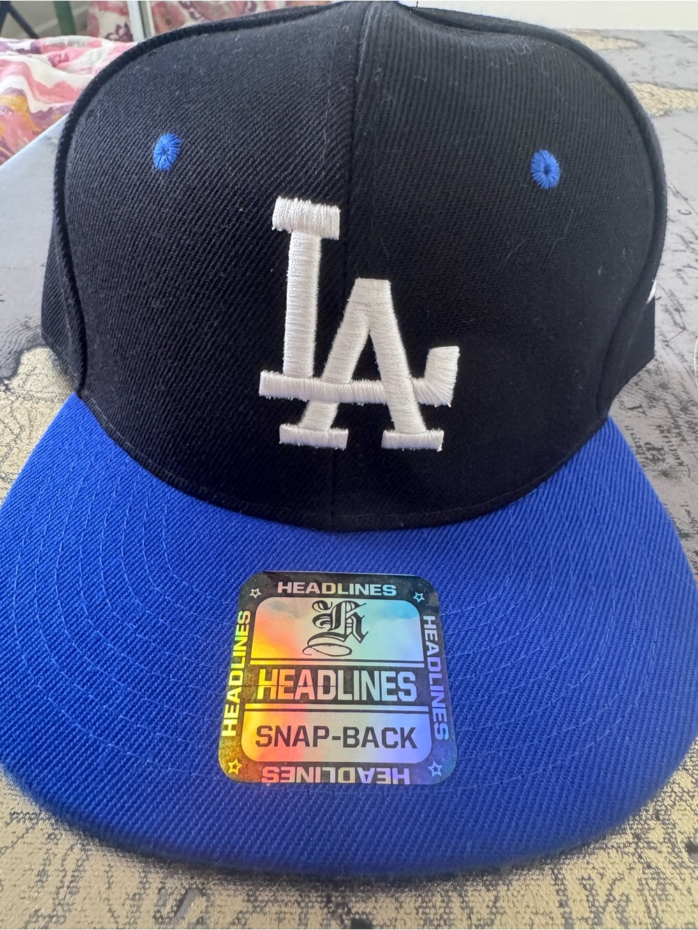 LA Embroidered Snapback Hat in Black and Royal Blue new no tags